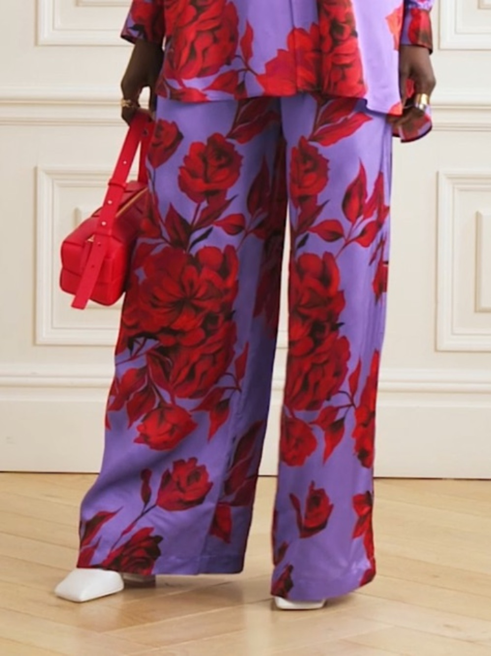 AZ x Net A Porter Factory Floral Print Satin Wide-Leg Pants Purple Red Rose NWOT - Picture 3 of 11